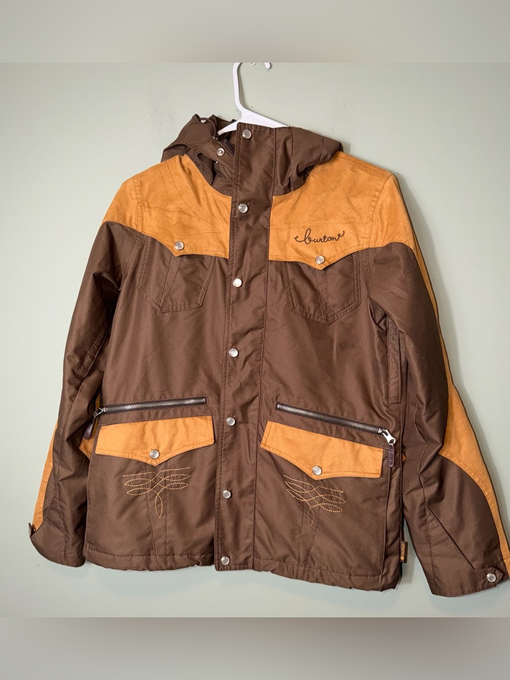 Burton Round Up snowboard jacket brown and tan western-style Small